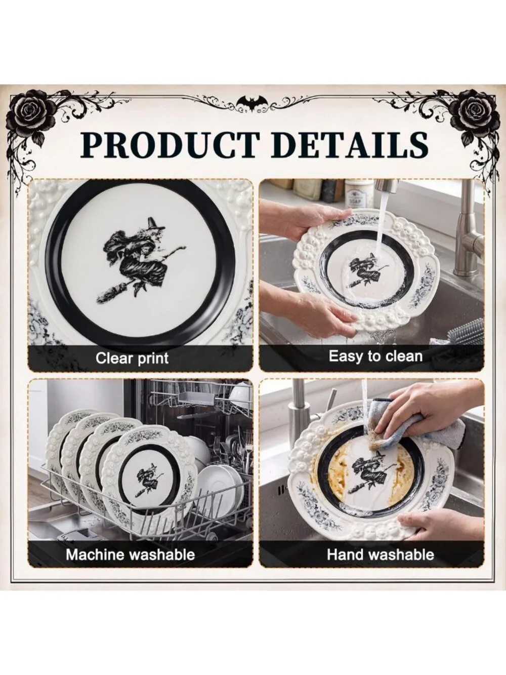 Vintage Halloween Witch Ceramic Plates Set of 4, 8.74 Inch Decorative Dish